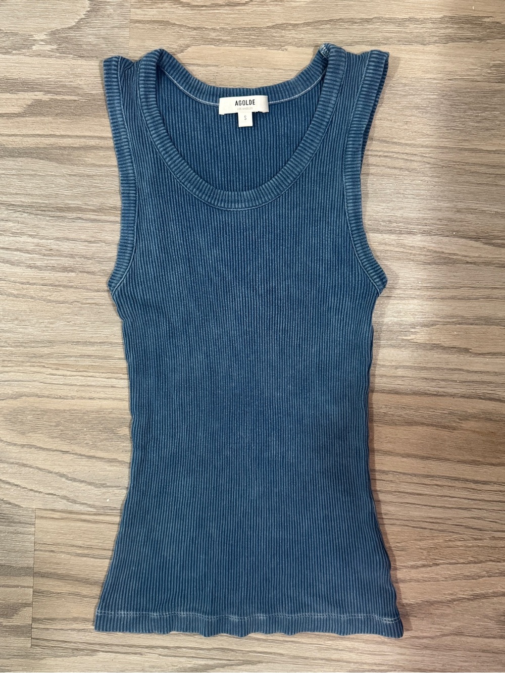 AGOLDE Ribbed Tank Top Blue Fitted Scoop Neck Minimalist Elevated Basic S